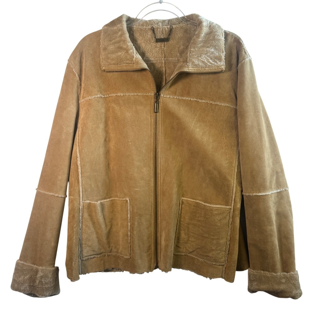 VTG Winlit Leather Suede‎ Shearling Jacket Tan Faux Fur Lined XL Coat Western